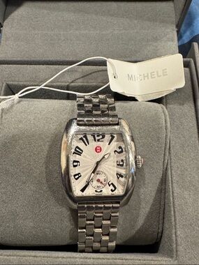 Michele Urban Mini Bracelet Watch with White Dial and Red Logo